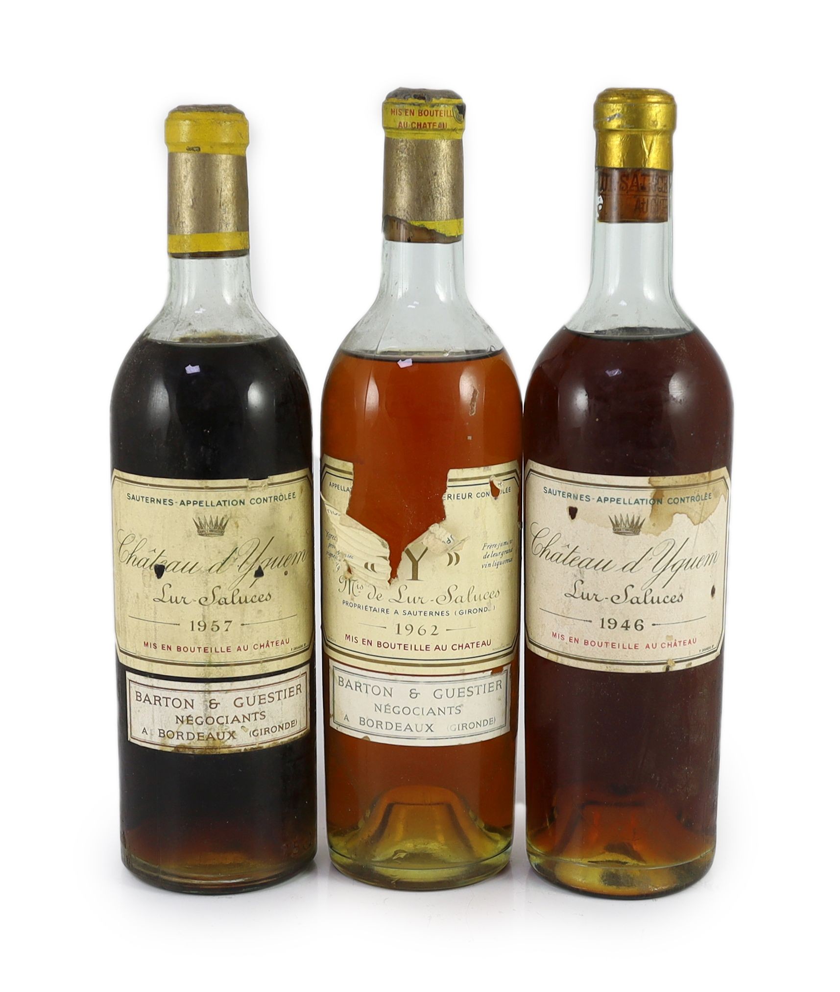 Three bottle of Chateau d'Yquem Lur-Saluces 1946, 1957 and 1962